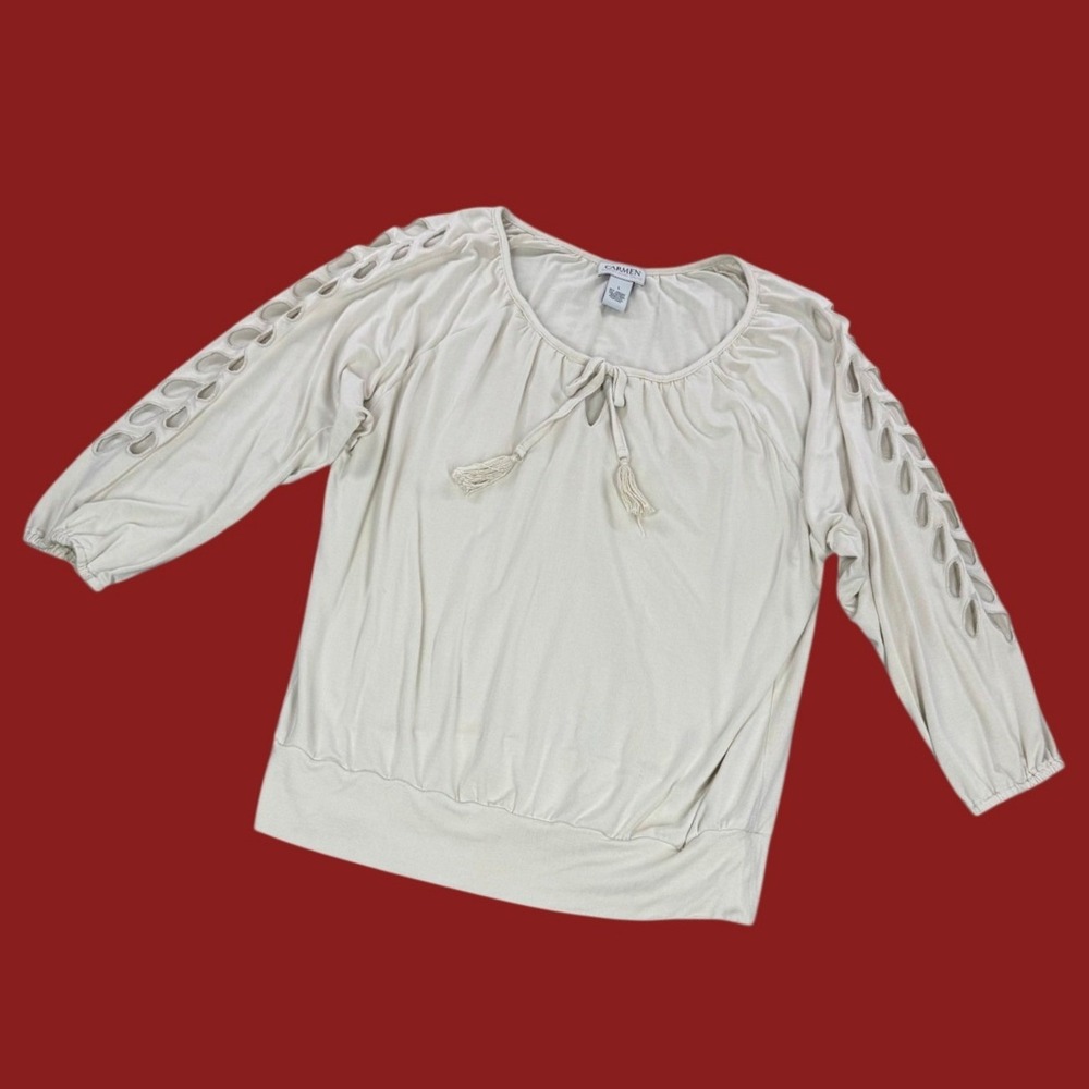 Carmen Marc Valvo Cream Laser Cut Lattice Sleeve Tassel Tie Peasant Blouse L